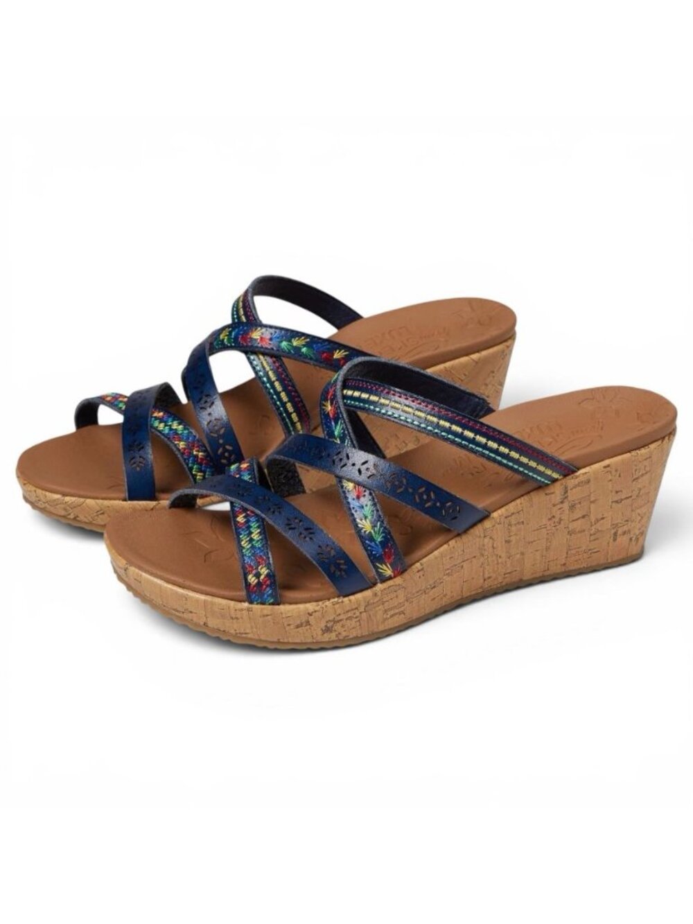 Skechers Sz 9 Blue Beverlee Tiger Posse Wedge Slide Strappy Embroidered Sandals